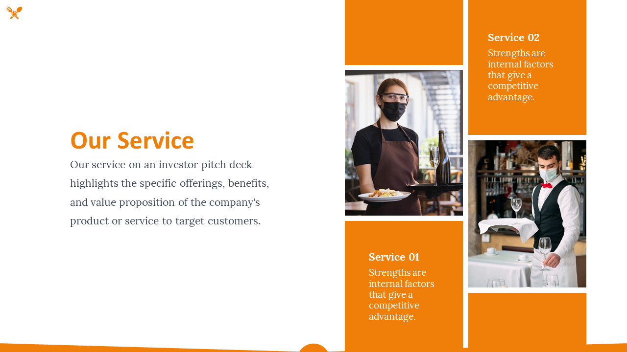 Service slide with restaurant staff images of a masked waitress, waiter, and text details in orange bordered sections.