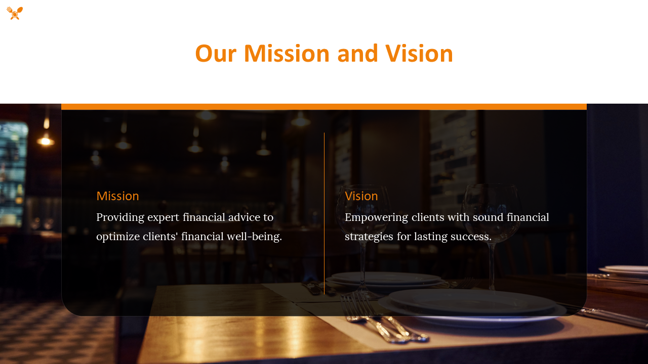 Slide featuring mission and vision statements overlaid on a blurred fine dining restaurant background.