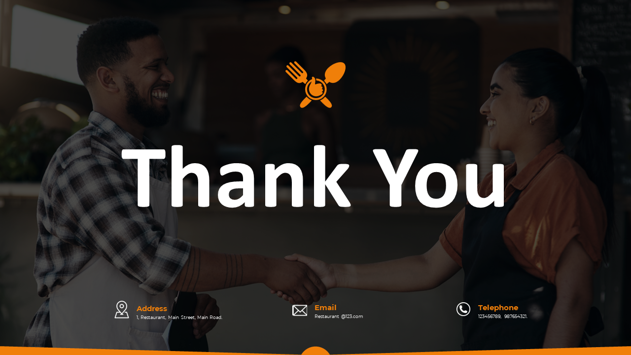 Restaurant themed thank you slide with a dark overlay, white text, and an image of two smiling employees shaking hands.