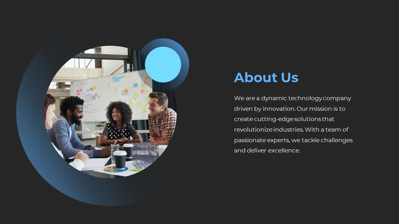 About us slide with a dark background featuring a blue accented circular team discussion image and text on the right.