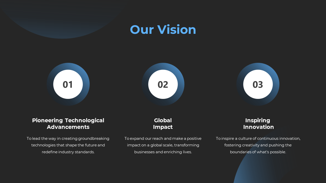 Dark themed layout featuring three numbered circular elements with blue gradients, outlining different vision statements.