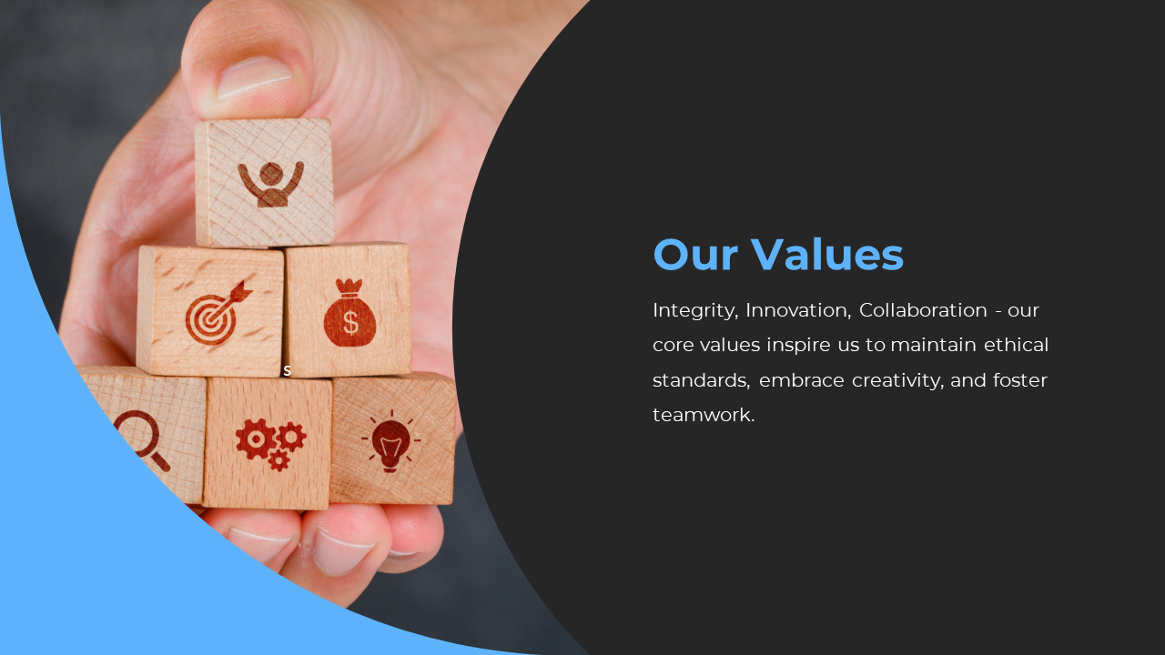 Hand holding wooden blocks with engraved icons, placed beside a dark themed section with text on core values.