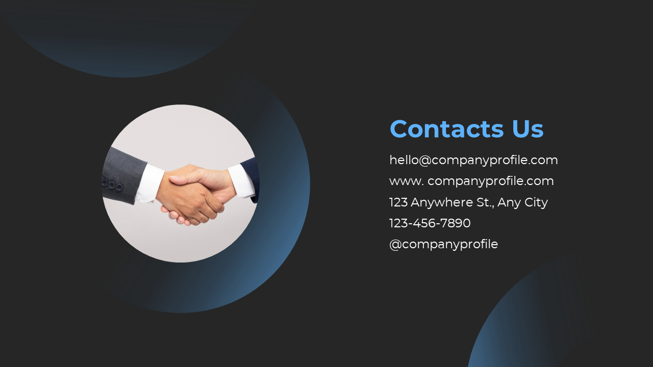 Slide with a circular handshake image on the left and business contact details on the right, set against a dark background.