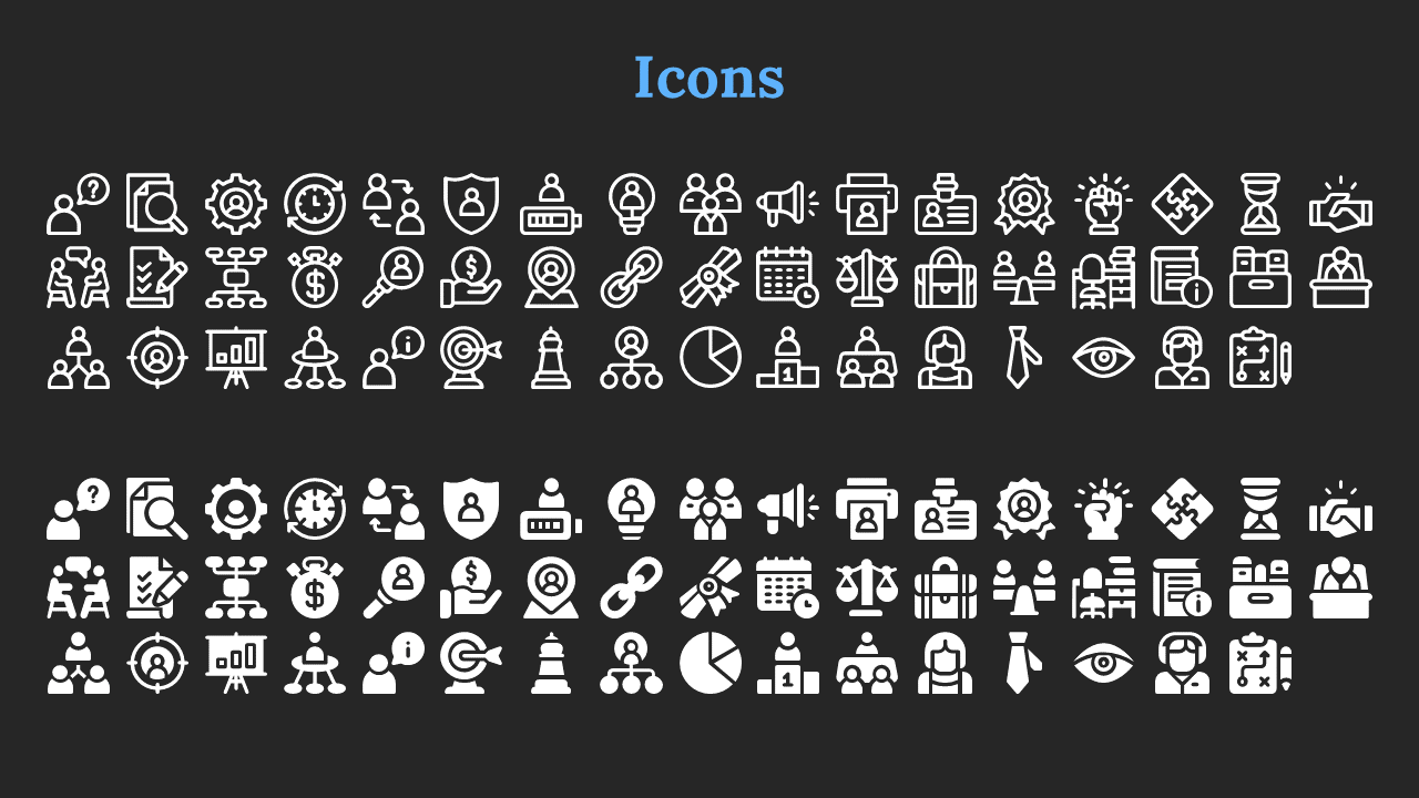 Black slide with a blue title displaying a collection of business related white icons, including outlined and filled styles.