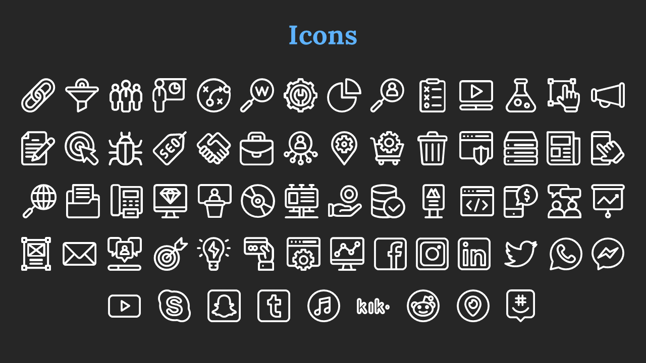 Black slide with a blue title and multiple white outlined business and social media icons arranged in rows.
