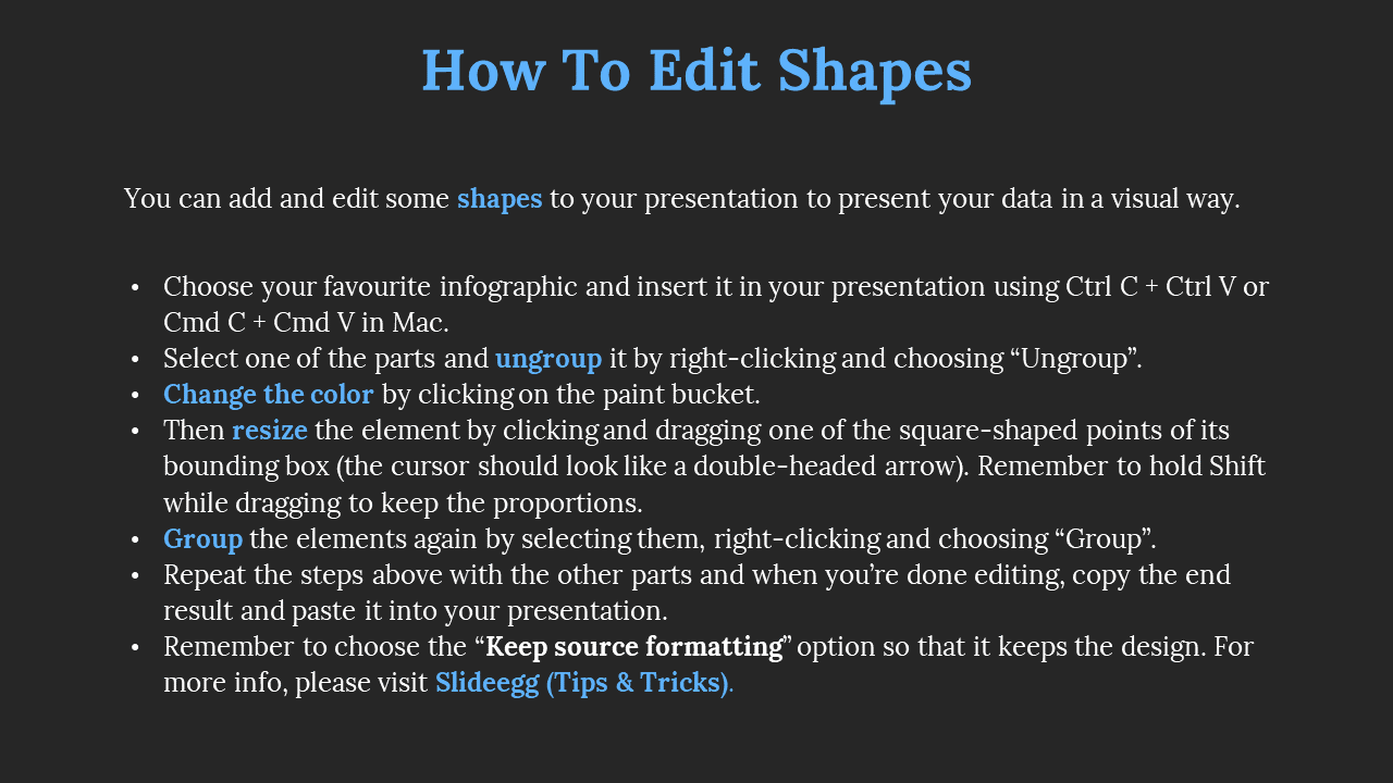 Dark themed slide with a bold blue heading, white bullet points, and highlighted keywords for instructions.