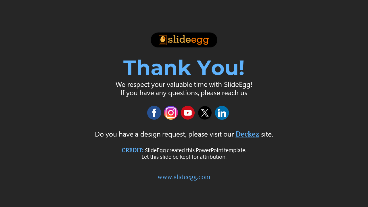 Dark themed thank you slide with a blue heading, white text, and social media icons, featuring a SlideEgg logo at the top.