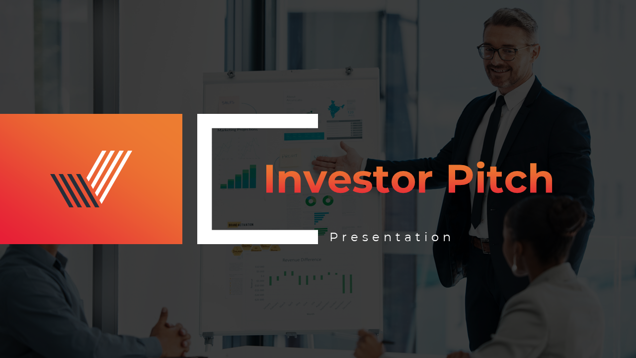 Business professional in a suit presents charts on a board, overlaid with a orange gradient logo and bold text elements.