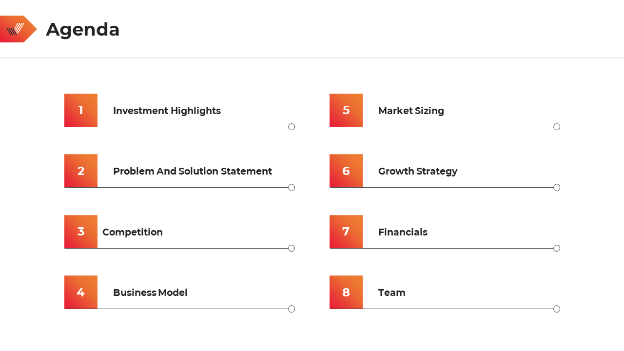 Agenda slide with a two column layout of eight orange gradient numbered boxes and text, connected by thin gray lines.
