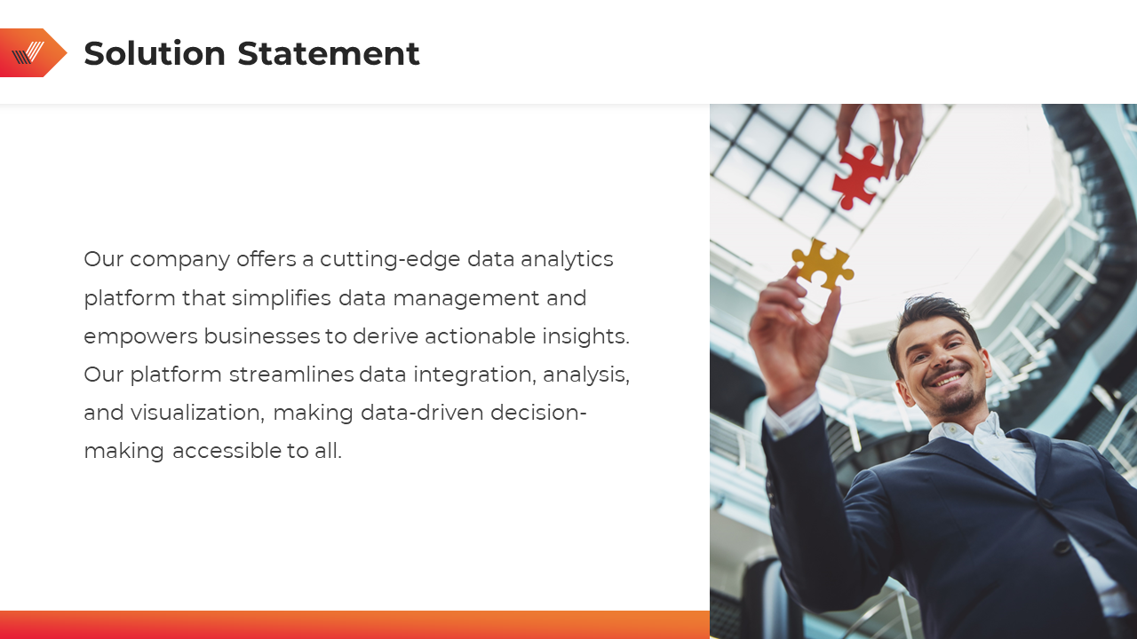 Solution slide with a bold title, text on the left, and an image of a smiling man in a suit holding a puzzle piece.