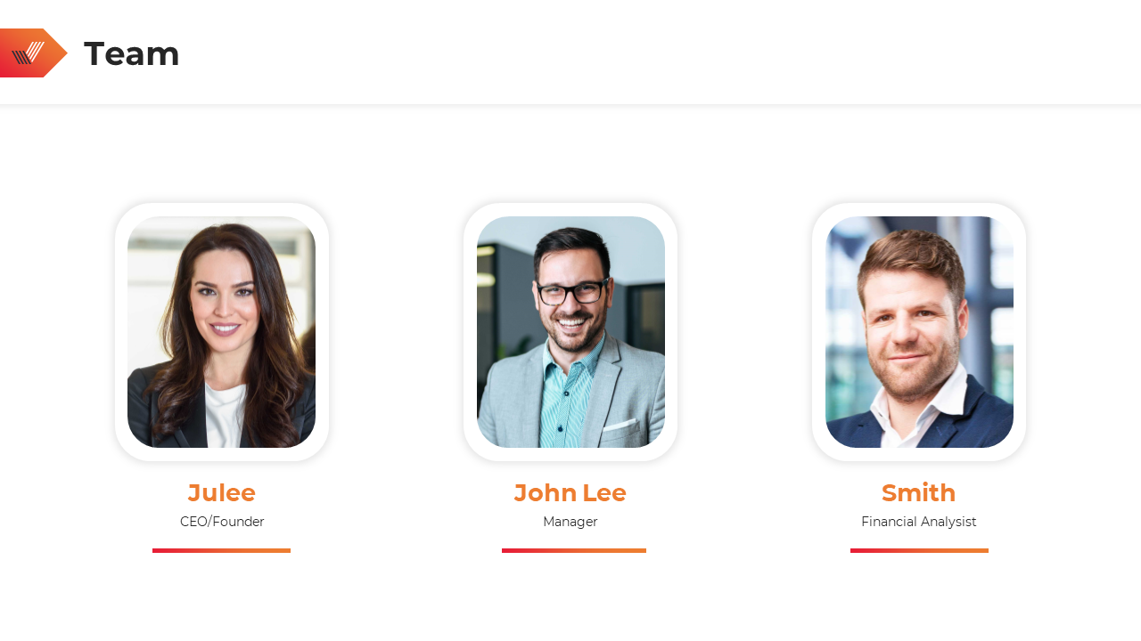 Team slide with a white background, featuring three portraits in rounded square frames and names in bold orange.