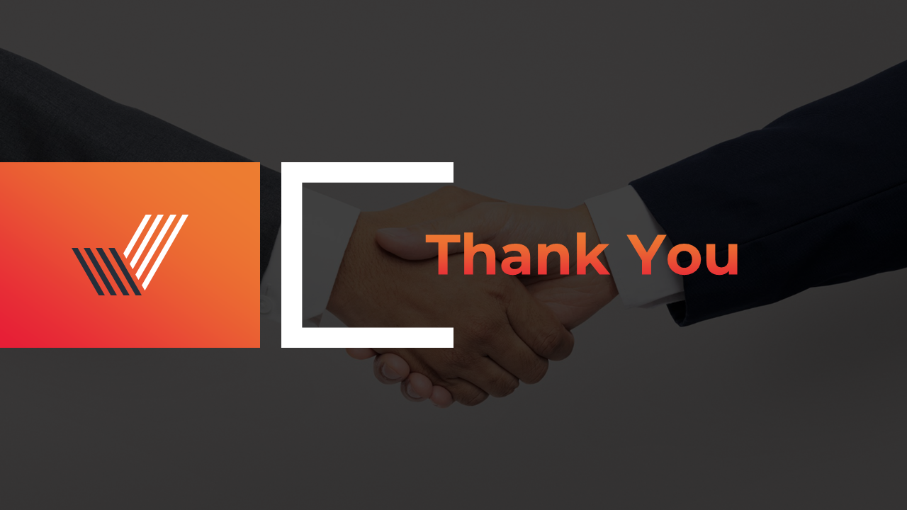 Thank you slide featuring a handshake in the background and a modern orange to red gradient logo on the left.