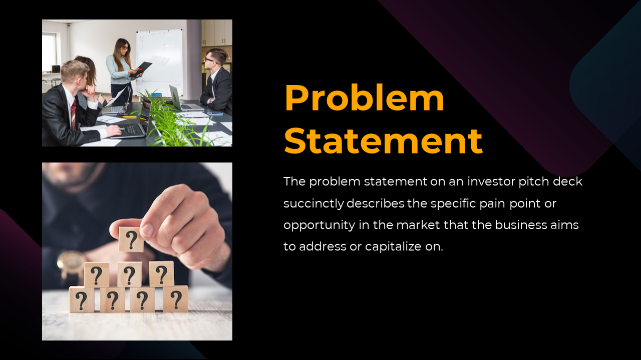 Dark themed slide with two images of a meeting and stacked wooden question blocks, and a text statement on the right.