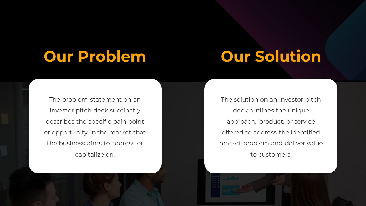 Dark themed slide with two rounded white text boxes featuring orange titles, on a blurred team discussion in the background.