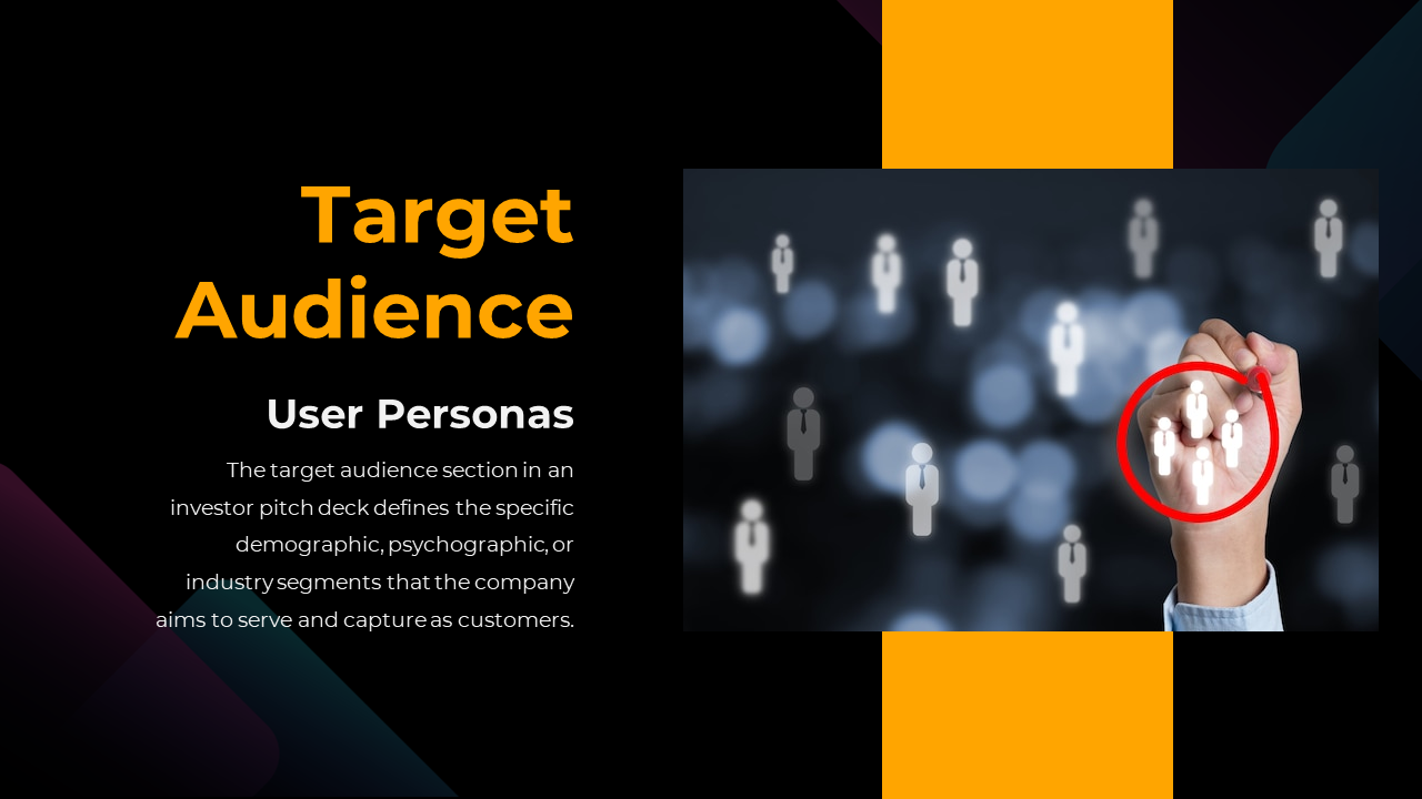 Dark themed slide with bold orange and white text, featuring a hand circling icons of people on a digital screen in red.