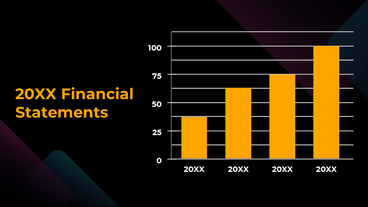 Dark themed slide with a yellow bar graph of four rising bars, white axis labels, and bold heading on the left side.