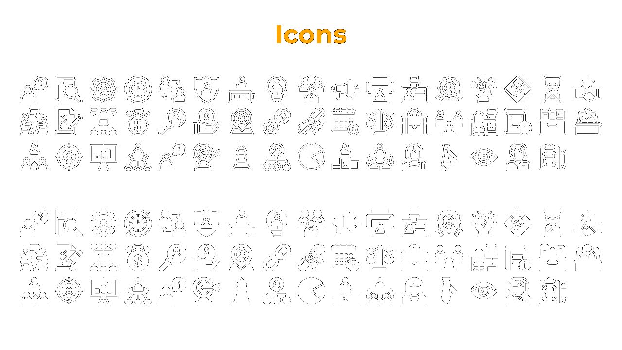 Slide displaying a variety of white, business related icons on a black background in both outlined and filled styles.