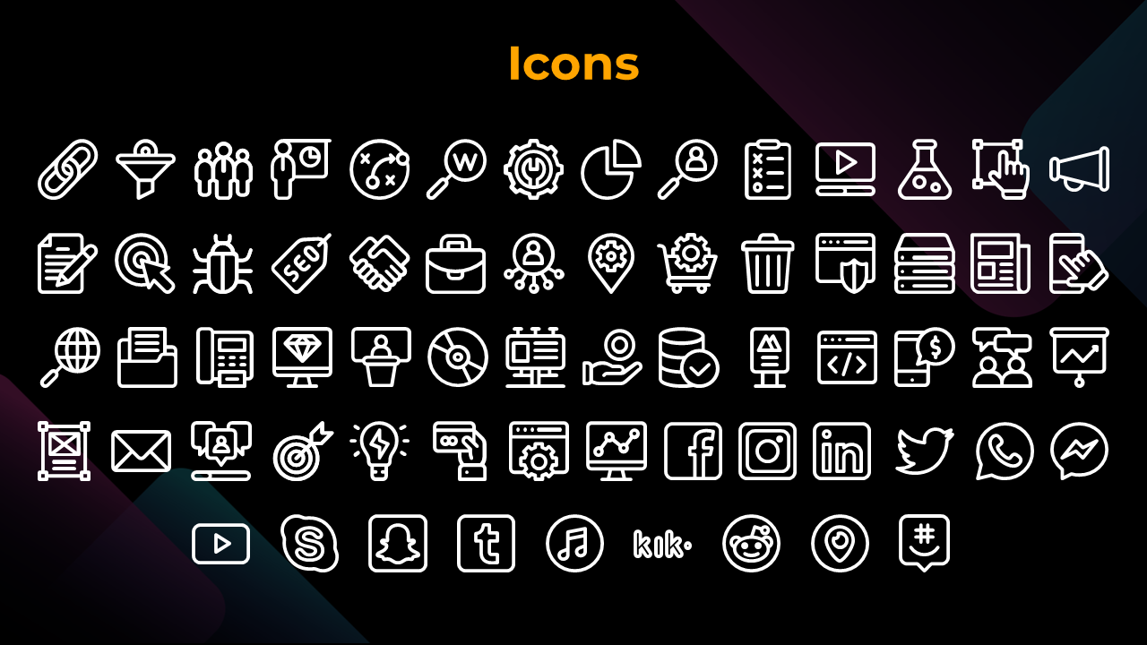 Slide displaying a collection of white, outlined business, technology, and social media icons on a black background.
