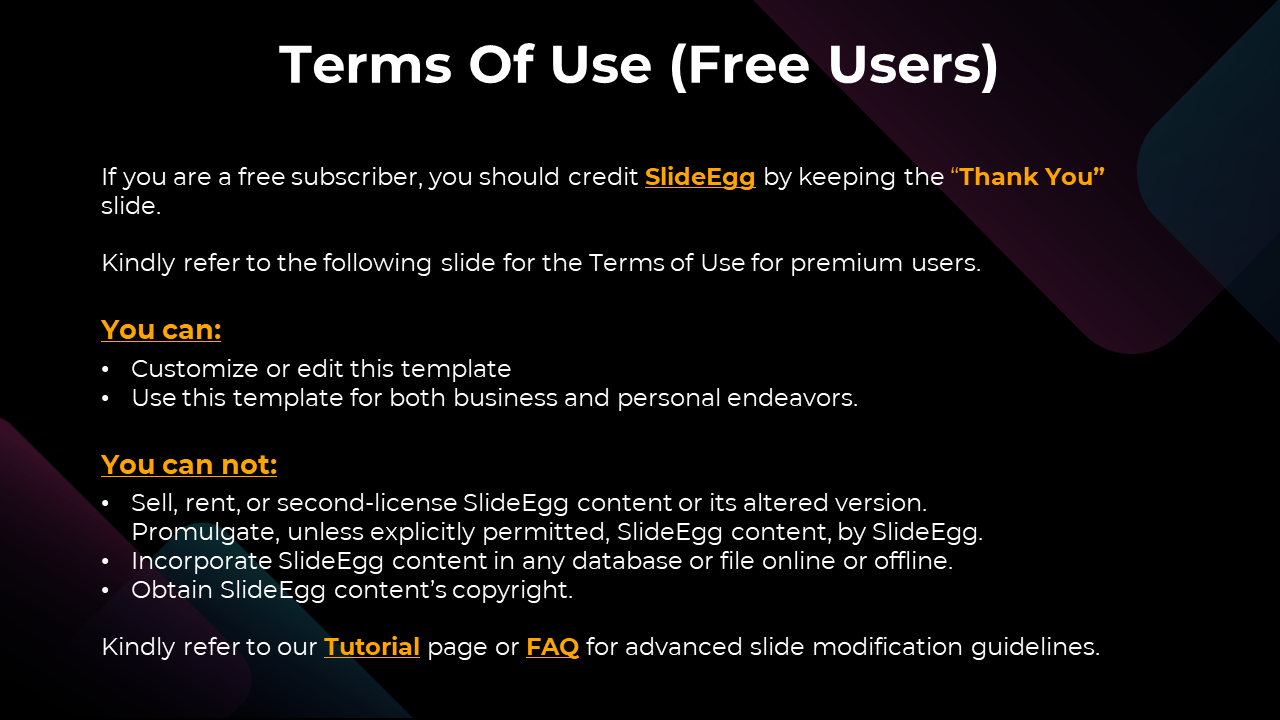 Terms of use slide for free users with a black background, white and orange text, outlining rules and restrictions.