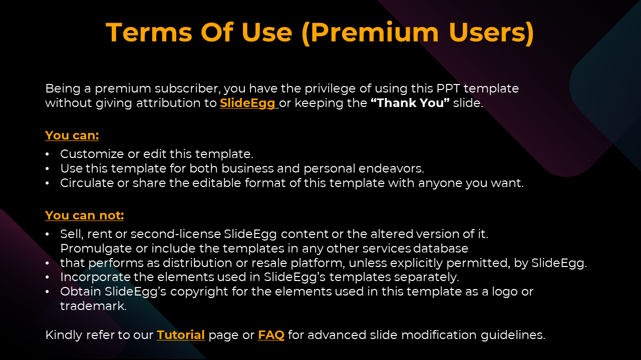 Dark themed terms of use slide with bold orange and white text, listing allowed and prohibited actions for premium users.