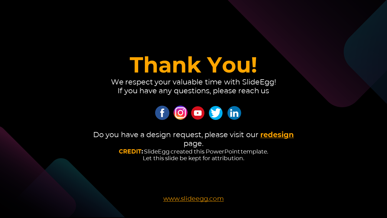 Black thank you slide with bold orange text, social media icons, and a website link, featuring a modern geometric design.