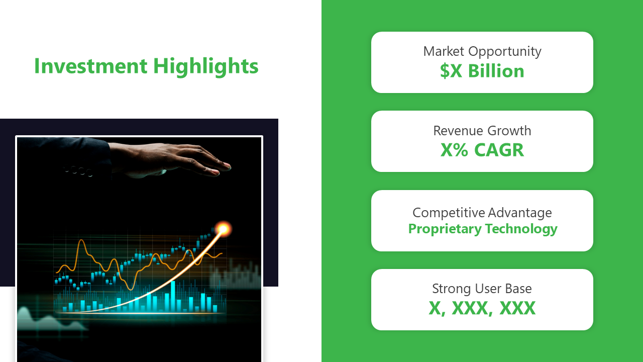 Green and white investment highlights slide featuring four text boxes, and a business hand pointing a glowing stock chart.