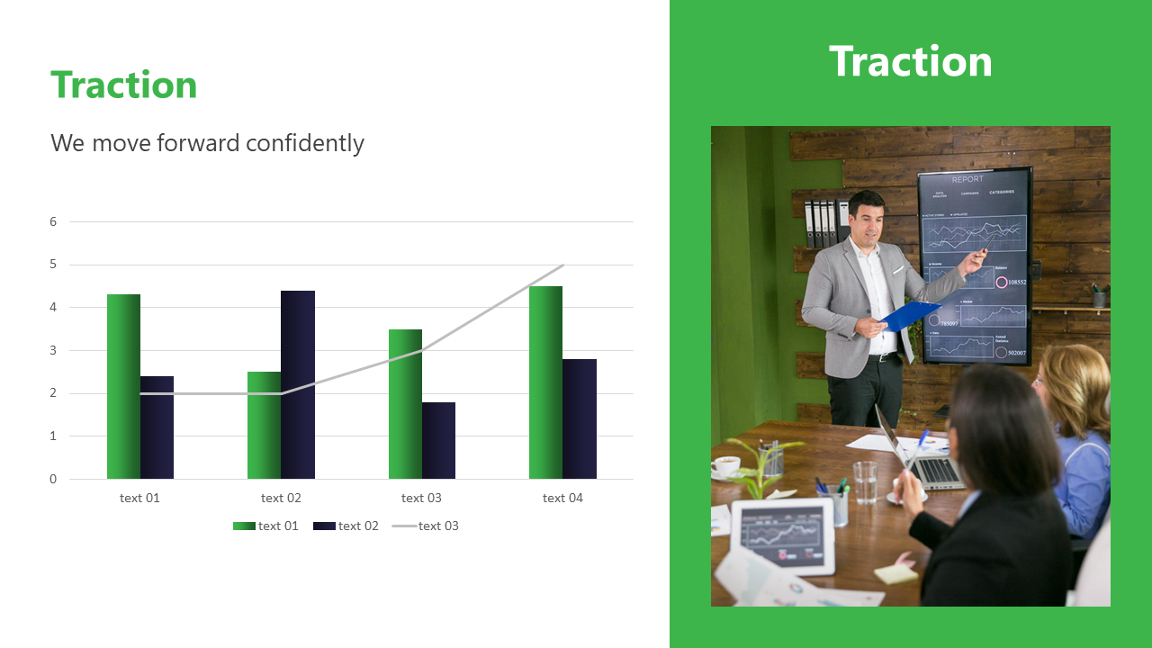 Green and white slide with a bar chart and a business meeting photo on the right, featuring a presenter and graphs.
