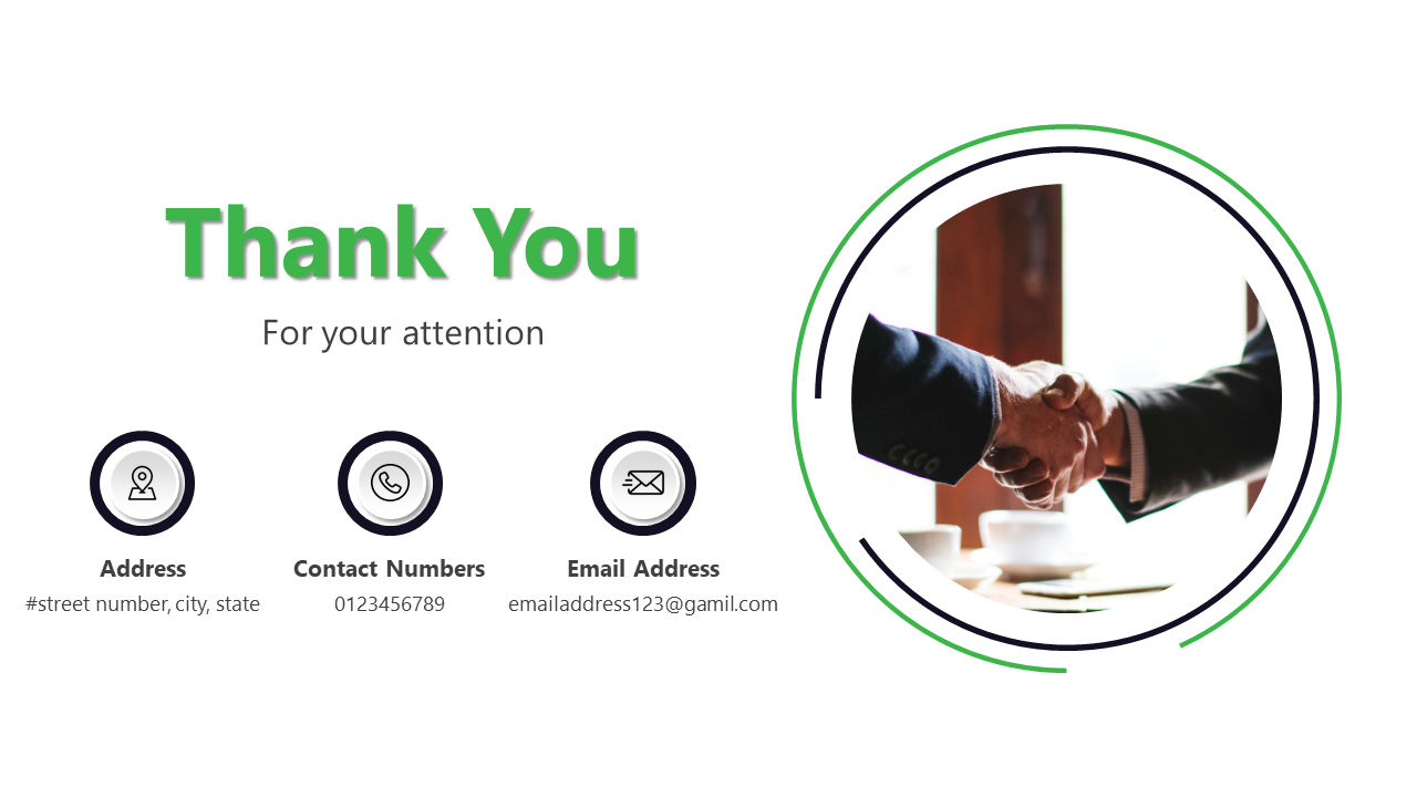 Thank you slide with a green heading, contact details, and a circular image of a handshake representing business partnership.