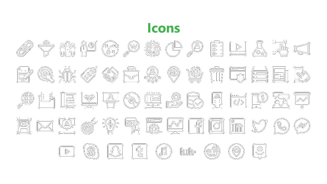 Slide with a green title and multiple black outlined icons in rows, representing business, technology, and social media.