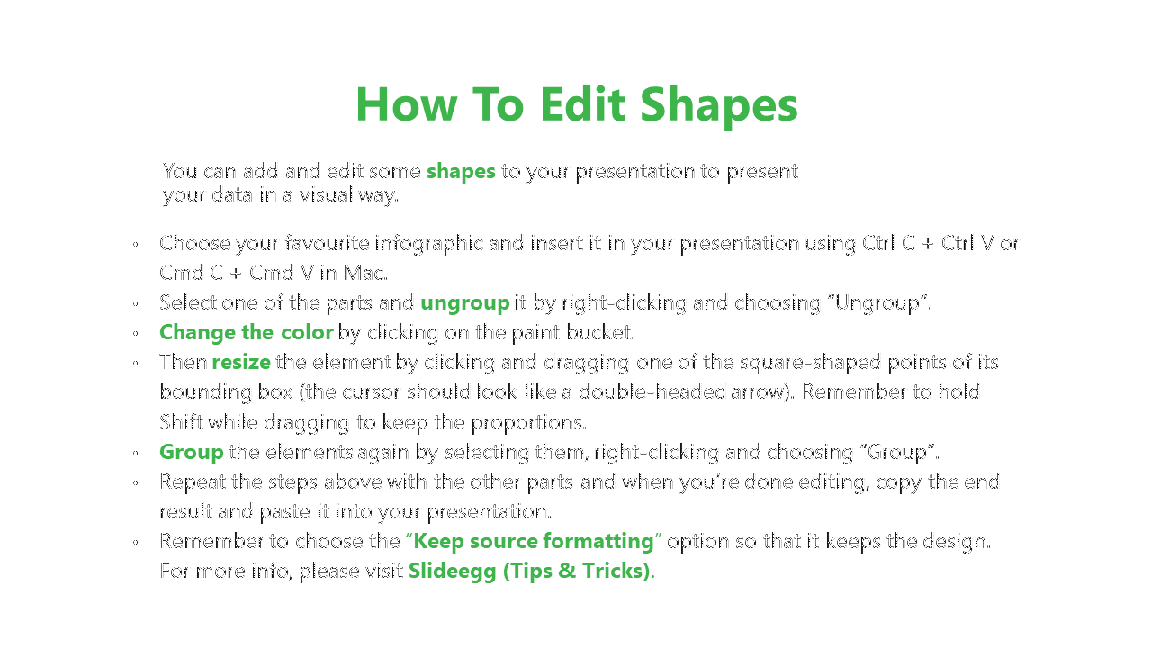 A centered green title, black text, and bolded words providing instructions for modifying shapes in slides.