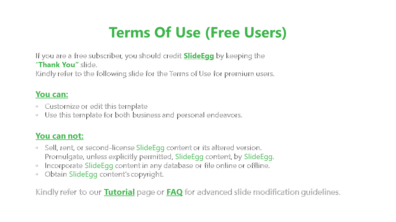 Slide with a green title, bold subheadings, and black bullet points highlighting terms and conditions for free users.