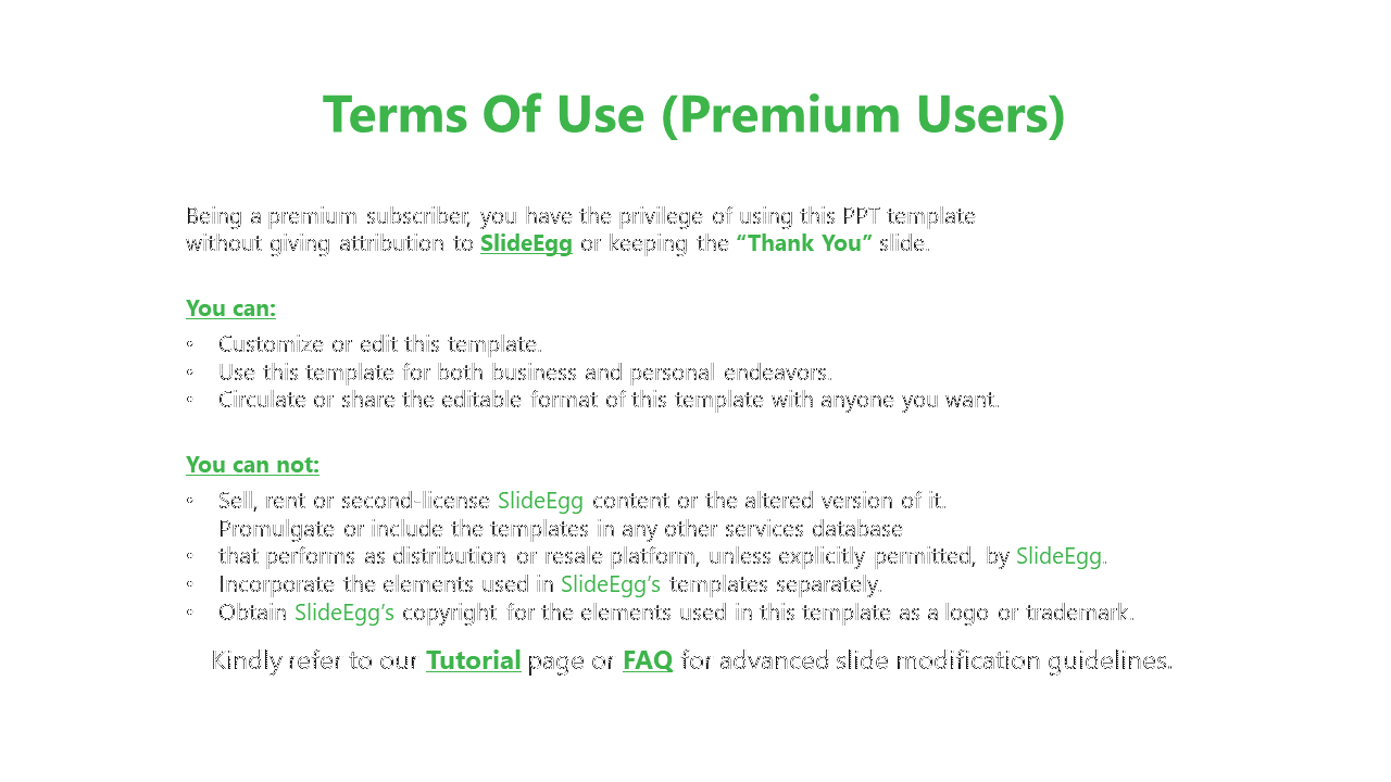 Terms of use slide for premium SlideEgg users, outlining permissions and restrictions for using the PowerPoint.