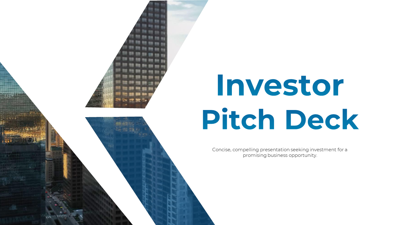 Investor pitch cover slide featuring a blue accented title and abstract cityscape fragments within white geometric shapes.