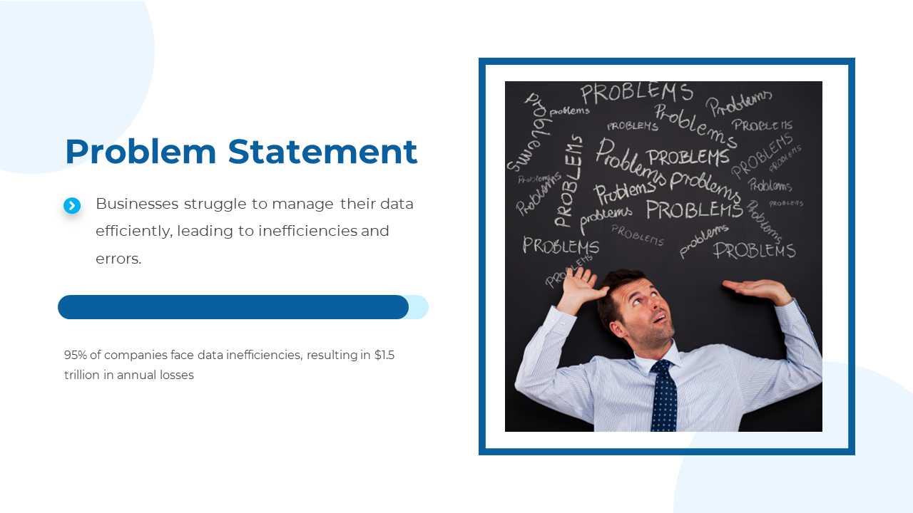 Slide with a blue header, text, a progress bar, and an image of a man looking at problems written on a blackboard.