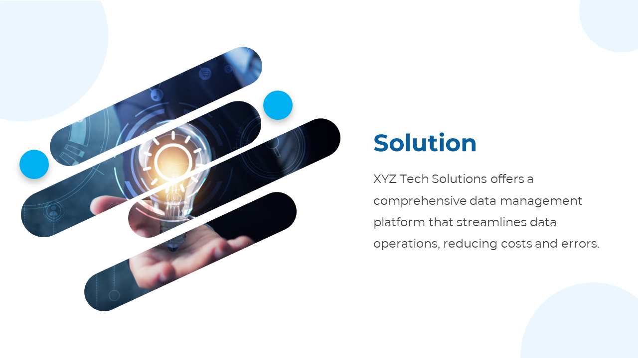 Solution slide featuring a futuristic light bulb image sliced into diagonal segments, with a blue accented text on the right.