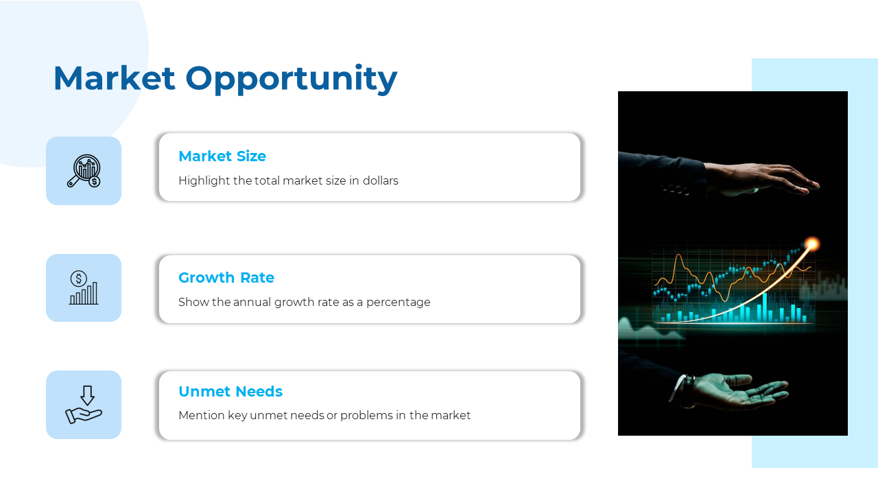 Market opportunity slide featuring three white text boxes with blue icons, and a financial growth chart on the right side.