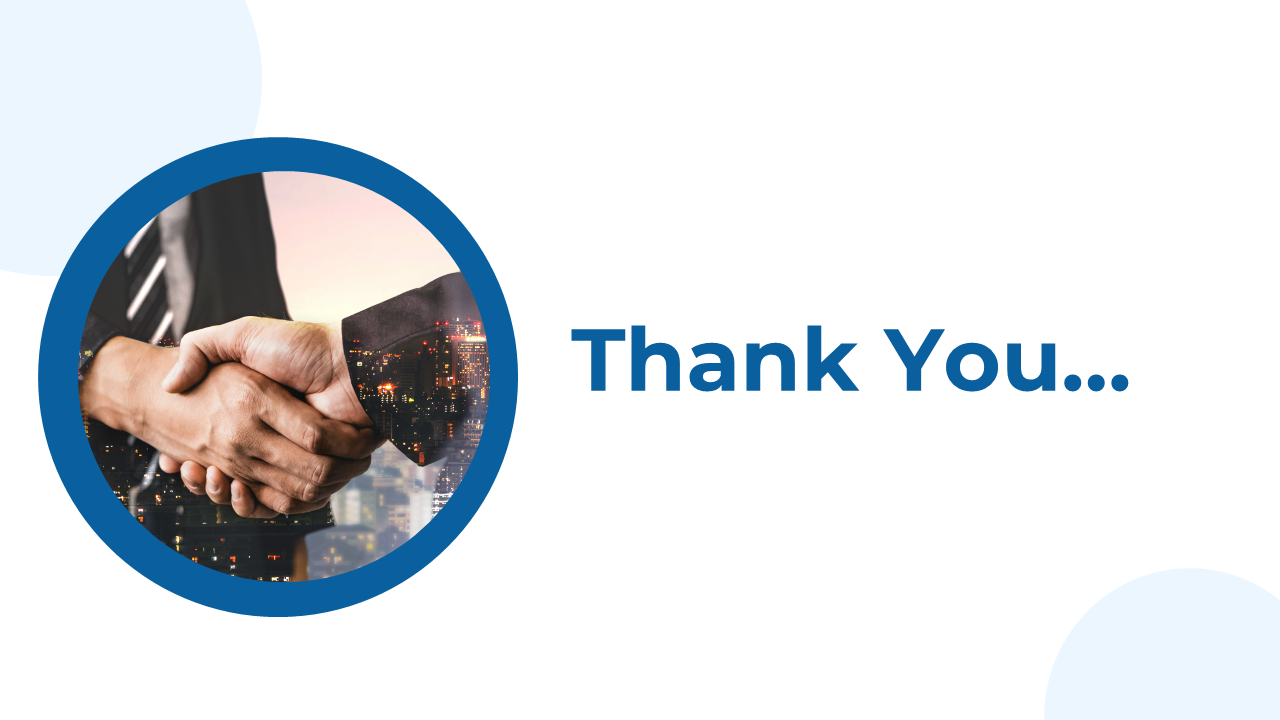 Thank you slide with a title and a circular image of a handshake over a cityscape, framed in blue on a white background.