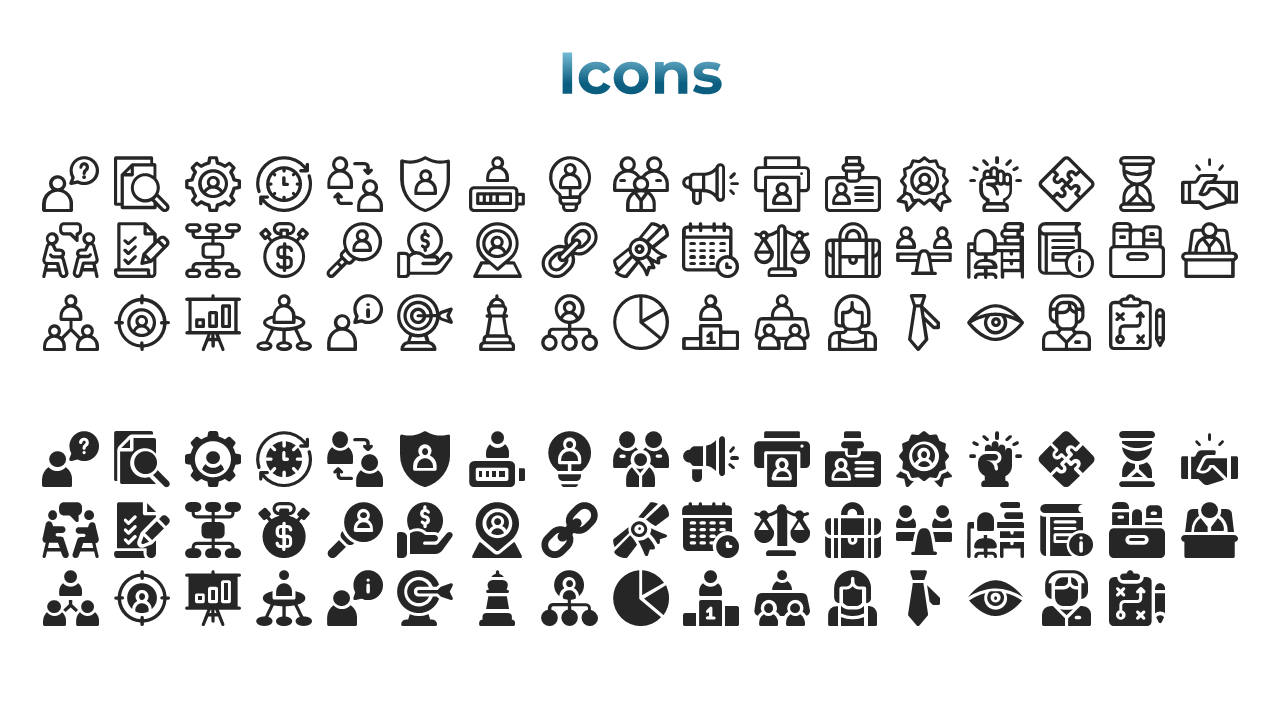 Two set of business, marketing, and management icons, featuring both outlined and solid versions, beneath a blue title.