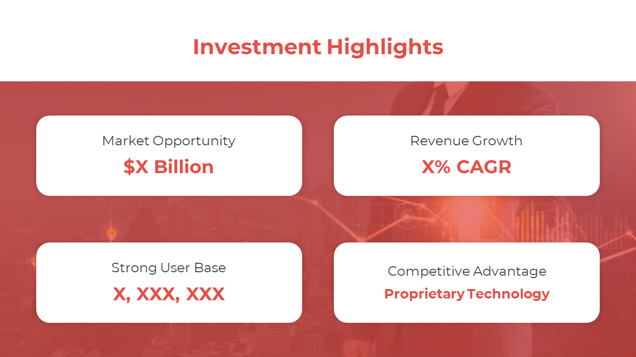 Red themed investment slide with four white rounded boxes highlighting key financial metrics over a blurred background.
