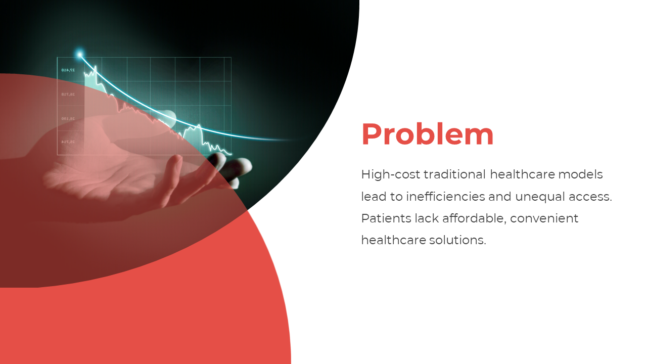 Business themed slide with a red and white layout, featuring a glowing hand holding a declining graph on the left.