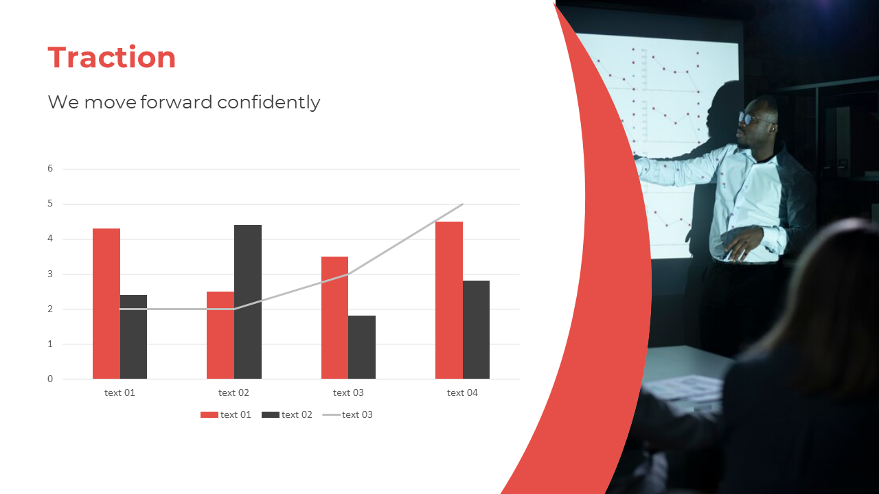 Slide with a red and black bar chart on a white background and a photo of a presenter explaining graphs on a screen.