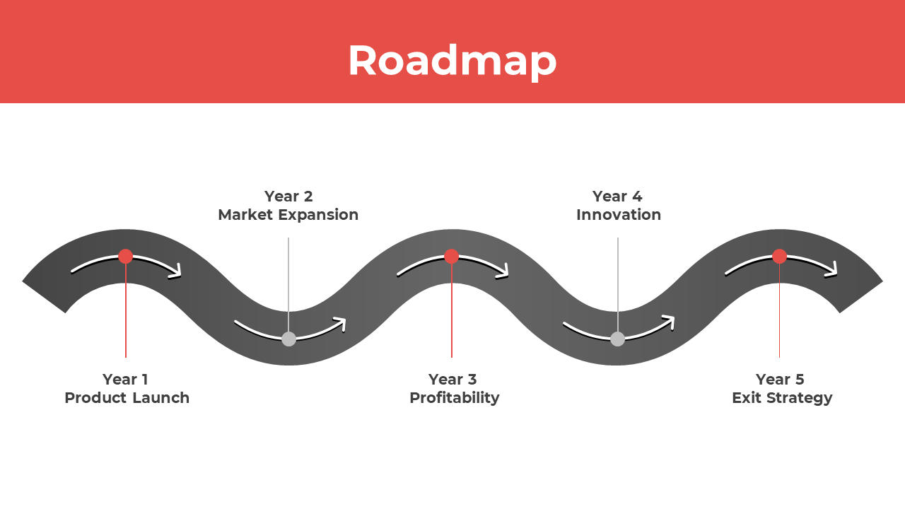 Dark gray winding roadmap with arrows and red markers, highlighting five years of growth from launch to exit strategy.