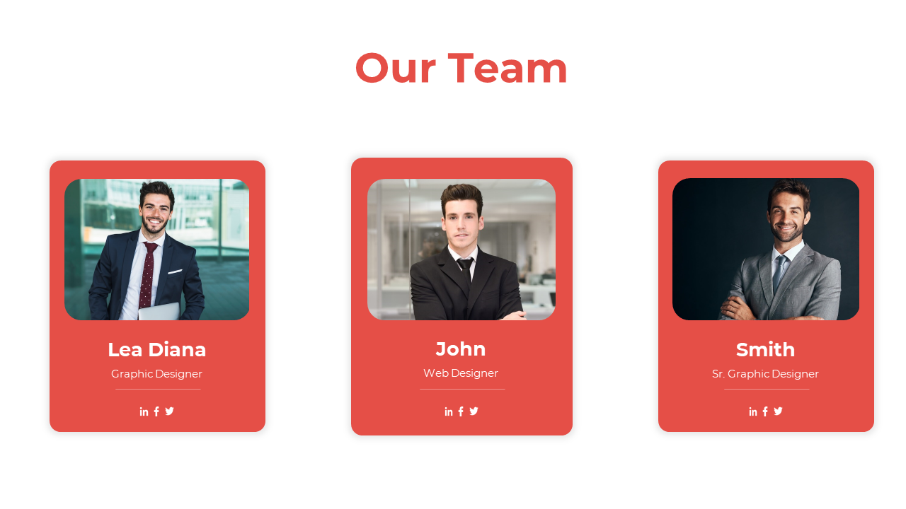 Team introduction slide with three red bordered cards, each showing a professional headshot, name, role, and social icons.