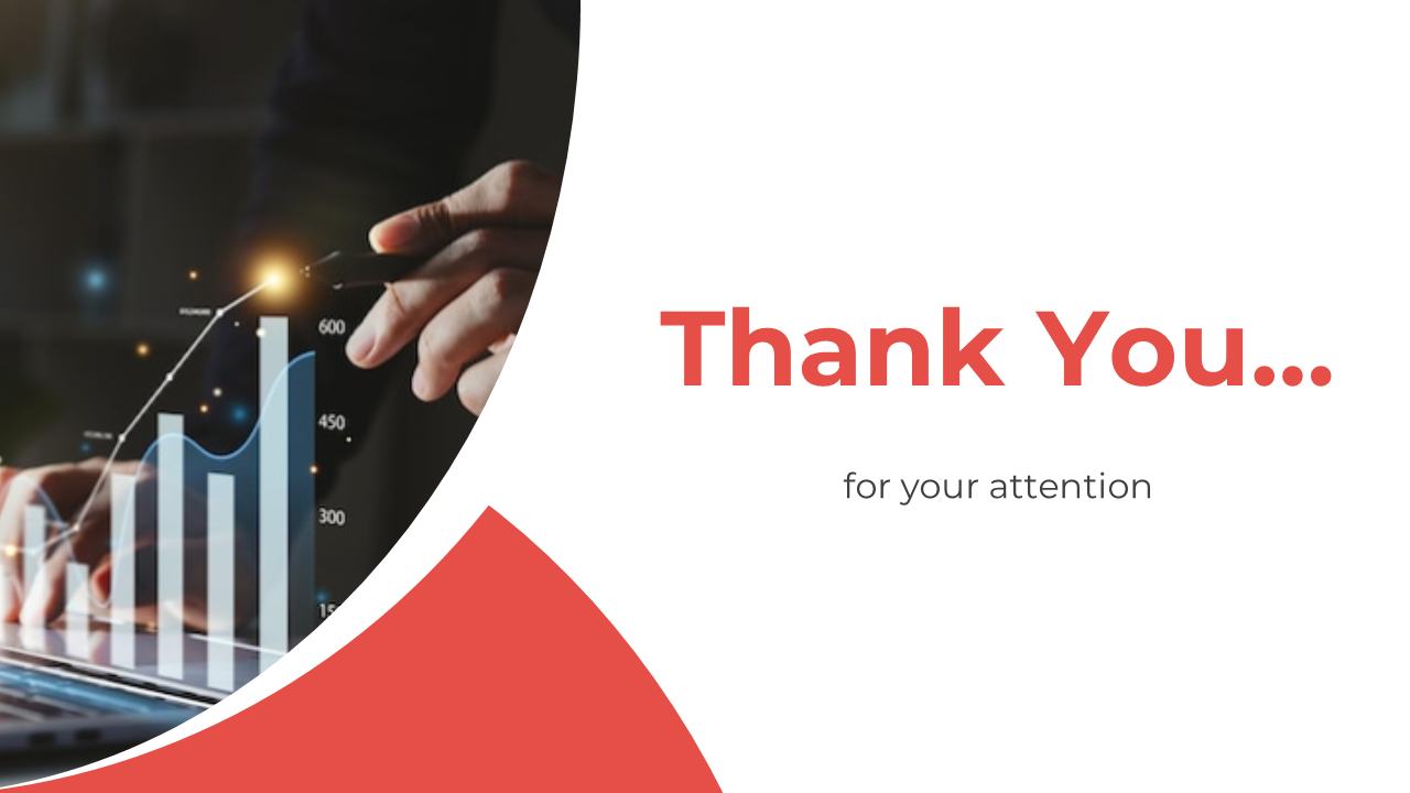 Thank you slide with a curved red and white layout, featuring business growth chart, and a hand pointing at a rising graph.