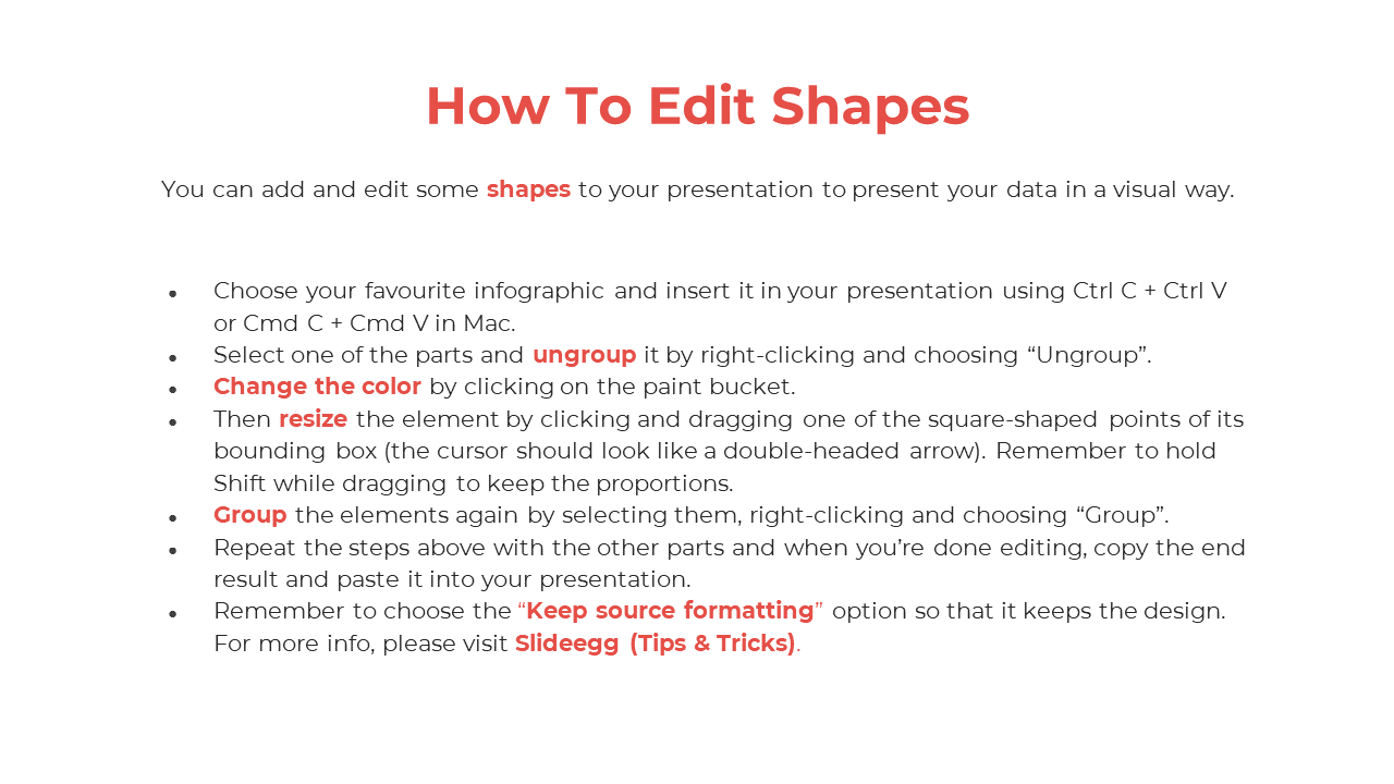 Instructional slide featuring a title, bullet points with red highlights, and step by step guidelines for shape editing.