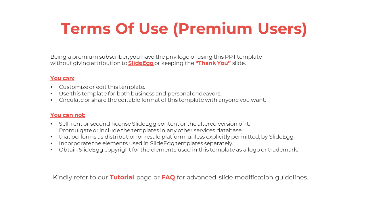 Terms of use slide with a white background, red heading, and black text outlining premium user permissions and restrictions.