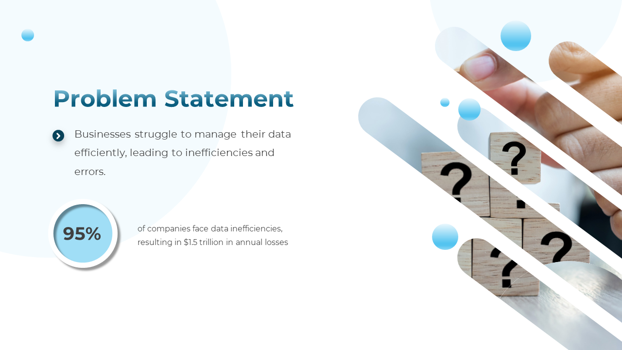 Problem statement slide with blue text, a percentage statistic, and a fragmented image of stacked blocks with question marks.