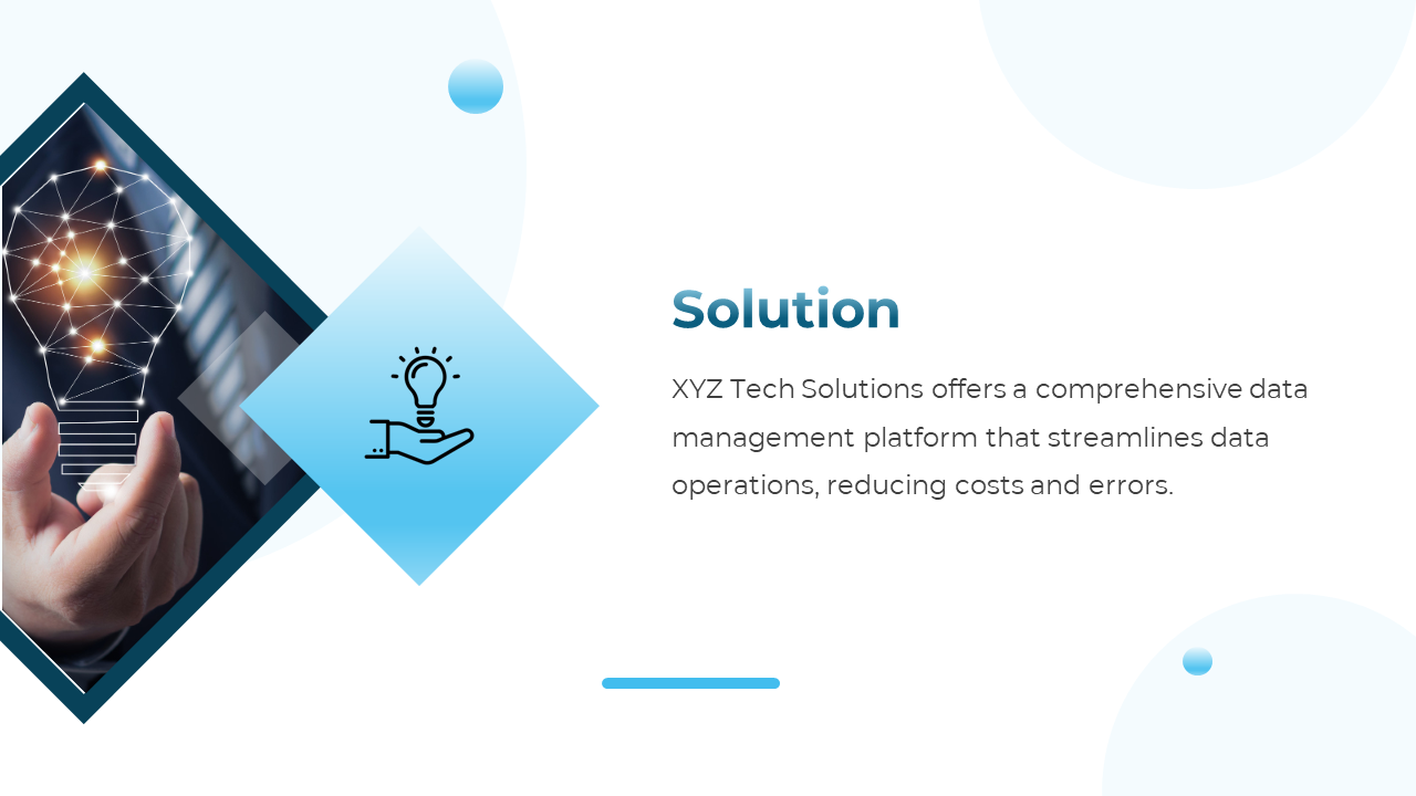 Solution slide with a futuristic light bulb image in a diamond frame and a blue gradient icon next to text.