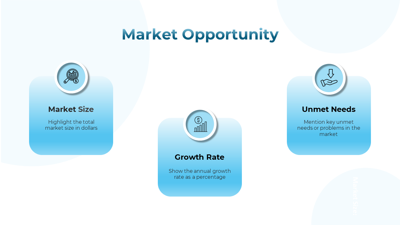 Market opportunity slide with three blue gradient boxes, each containing an icon and text, arranged in a triangular layout.