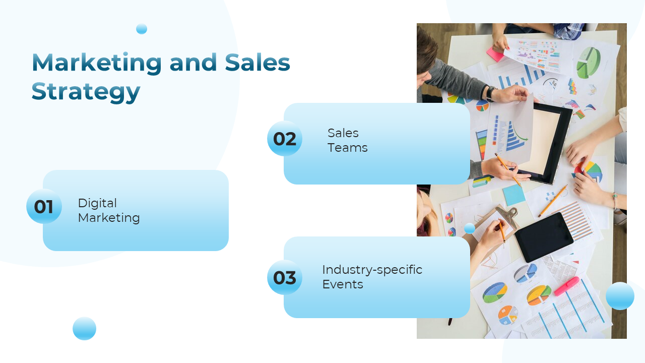 Marketing slide with three rounded blue gradient boxes numbered 01 to 03, alongside a team photo analyzing charts and graphs.